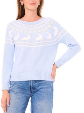 Vince Camuto Large Light Blue & White Rabbit Fair Isle Crewneck Sweater